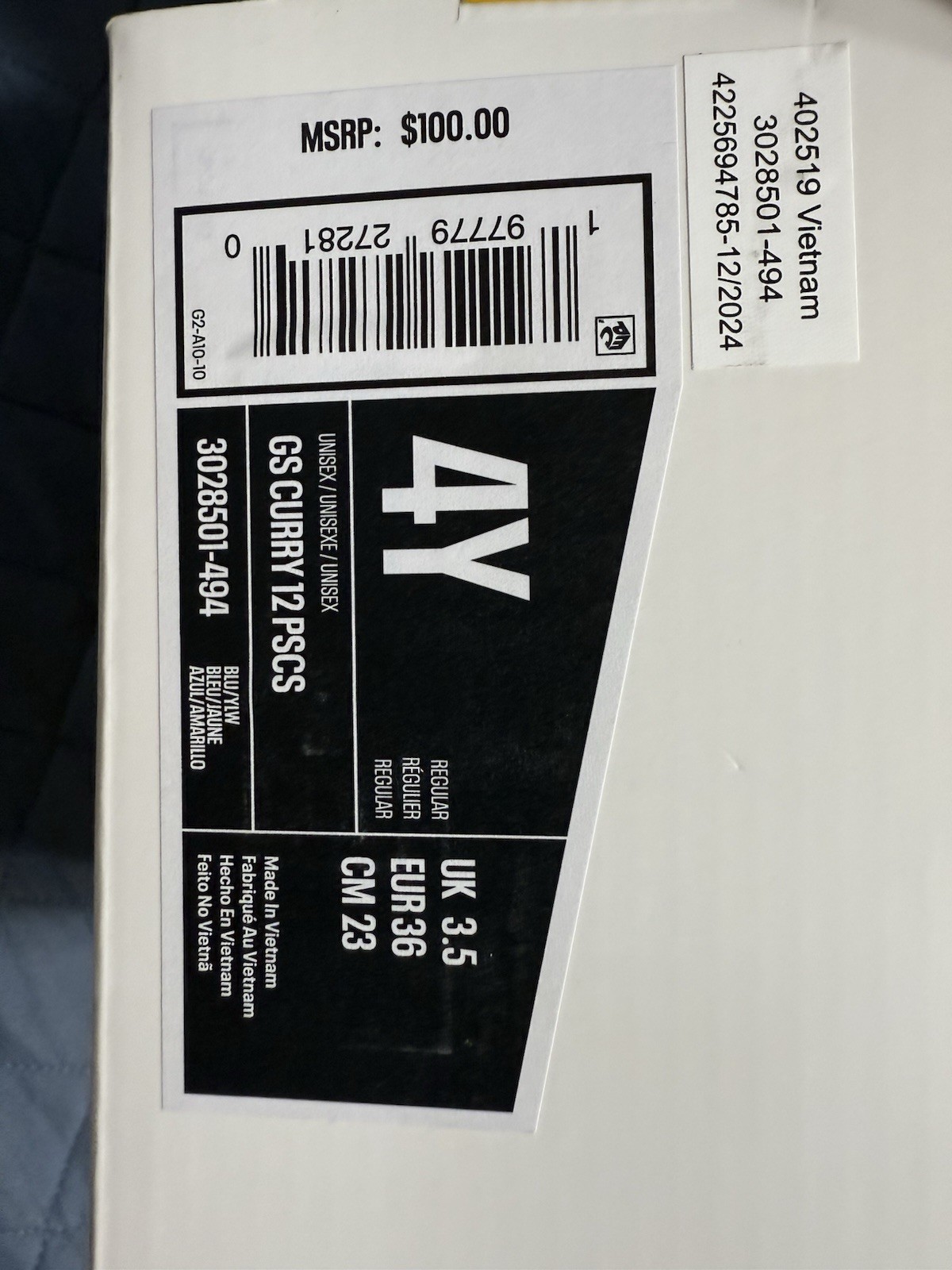 Under Armour GS Curry 12 PSCS PS (GS) Basketball Blue/Yellow 4Y 3028501-494