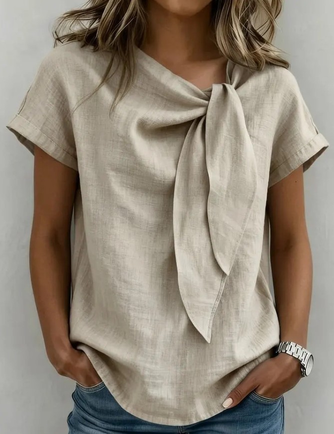 Women’s Bow Neck Short Sleeve Blouse Casual Solid T-Shirt