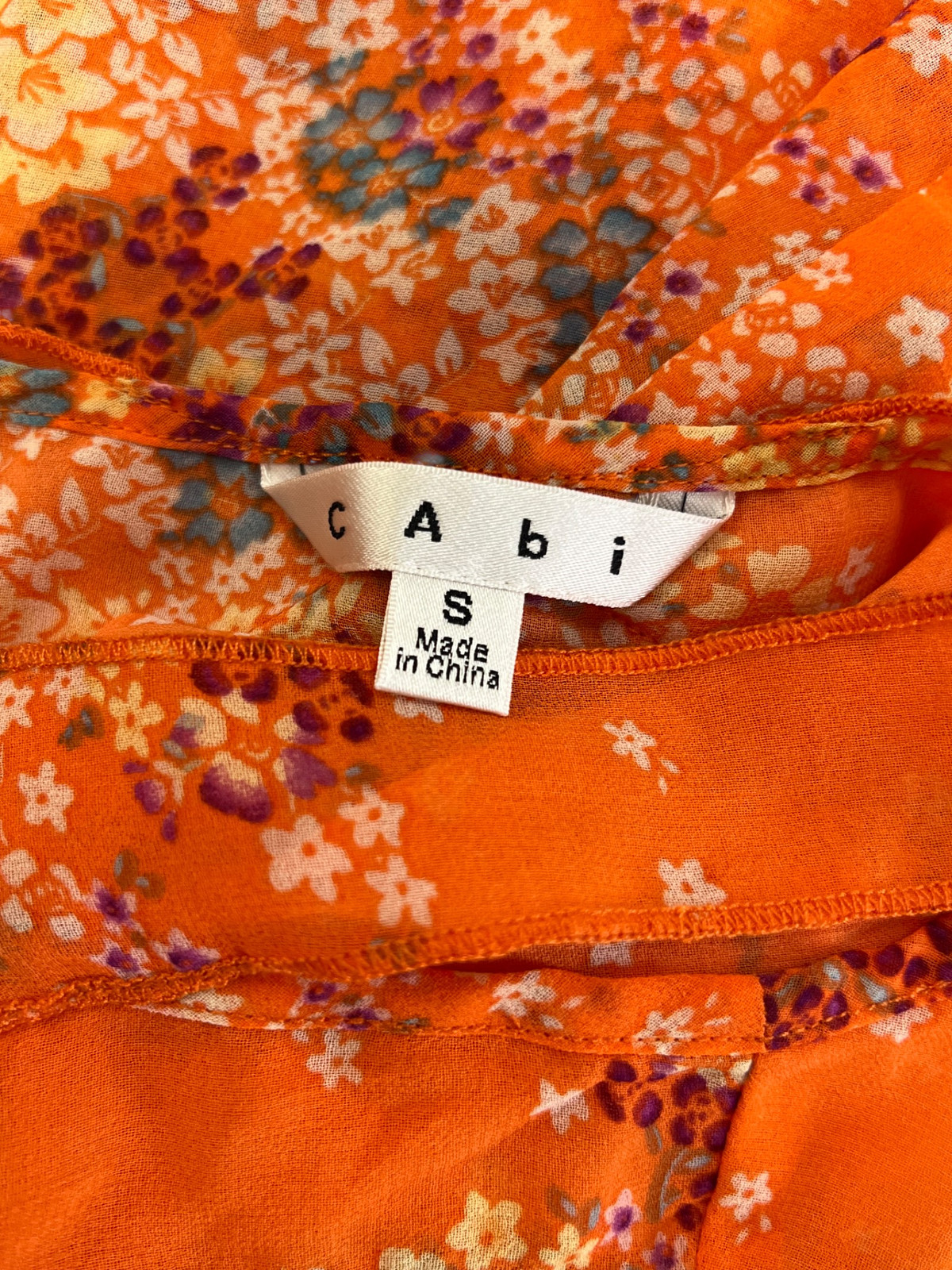 Cabi Women’s Orange Floral Semi Sheer Sleeveless Blouse – S