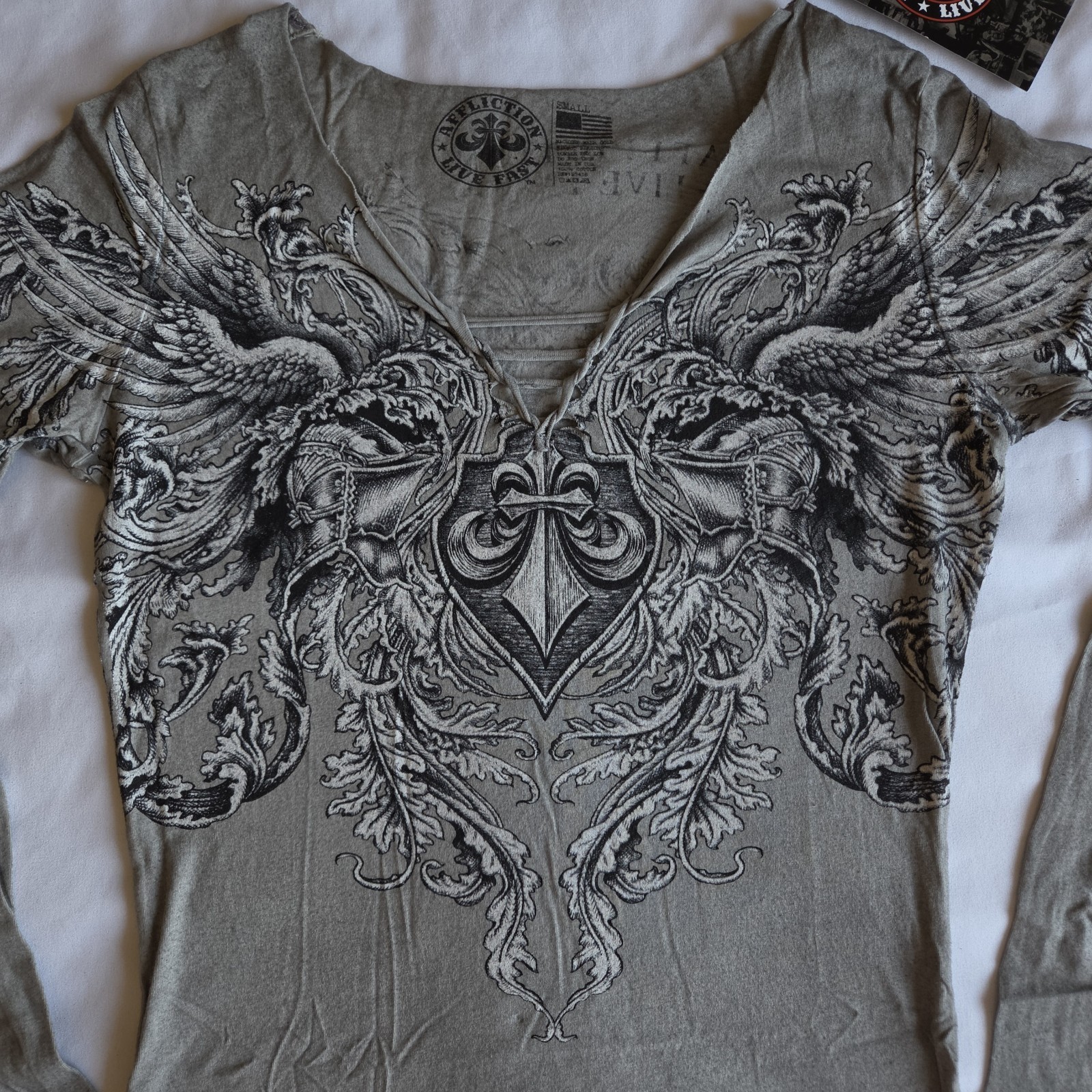 Affliction Flourish Y2K Grunge Biker Wings Grey S Long Sleeve Graphic T-Shirt