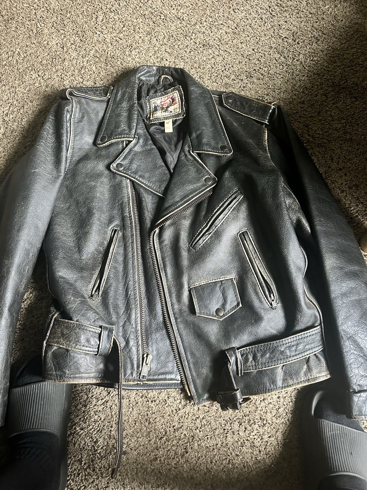 Vtg Protech Leather Apparel Biker Motorcycle Jacket With Belt. Size L.