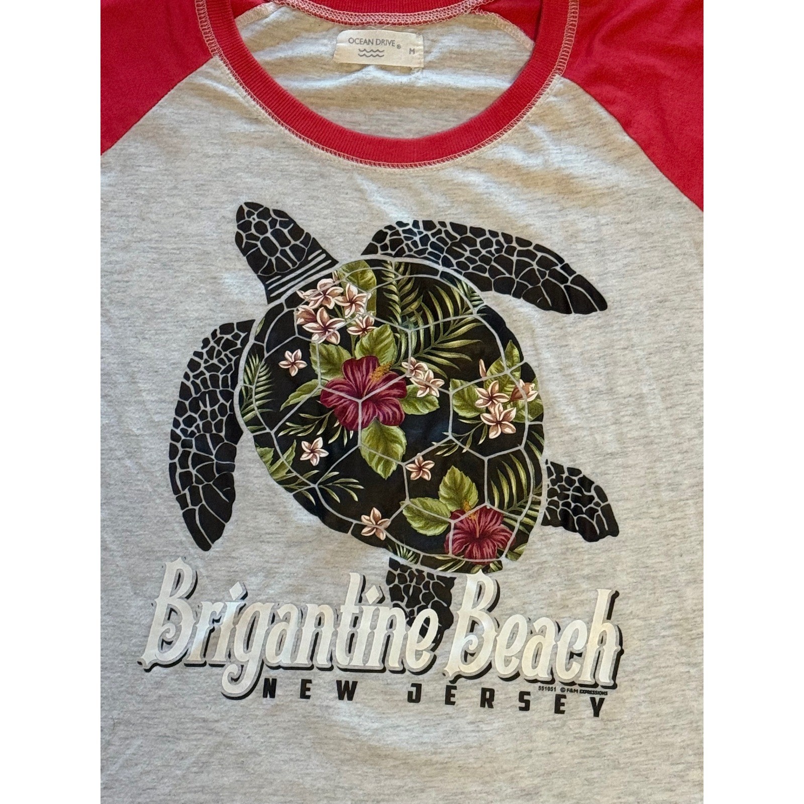 Brigantine Beach NJ Turtle Graphic Raglan Tee Womens Tropical 3/4 Sleeve Shirt M