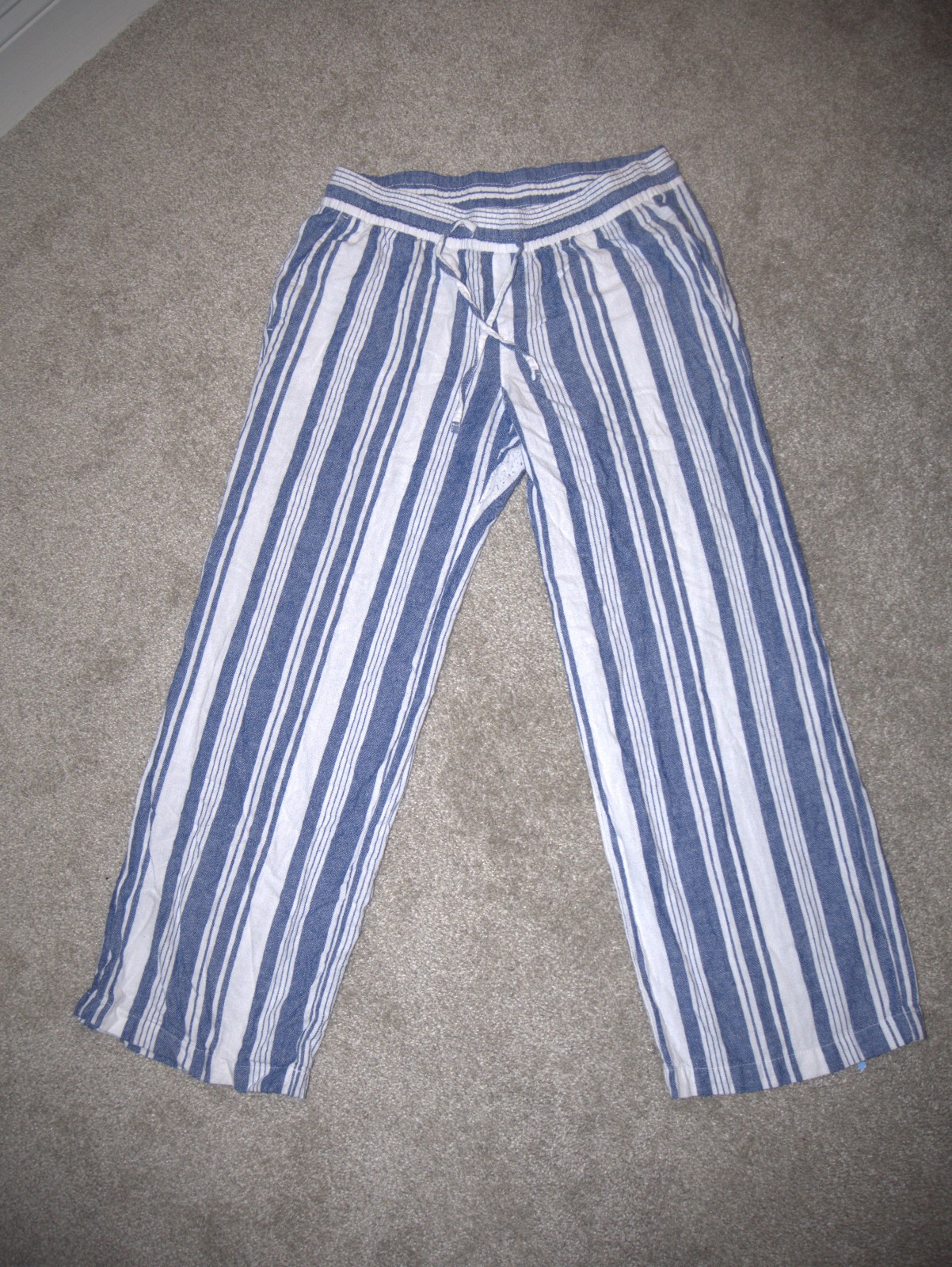 Old Navy High Rise Wide Leg Linen Pants Womens Small Blue Striped Pockets Small
