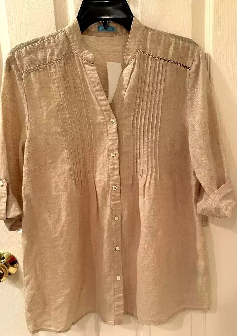 NWT $178 J.McLaughlin Riviera Linen-Blend Blouse Button Up Shirt S Tan