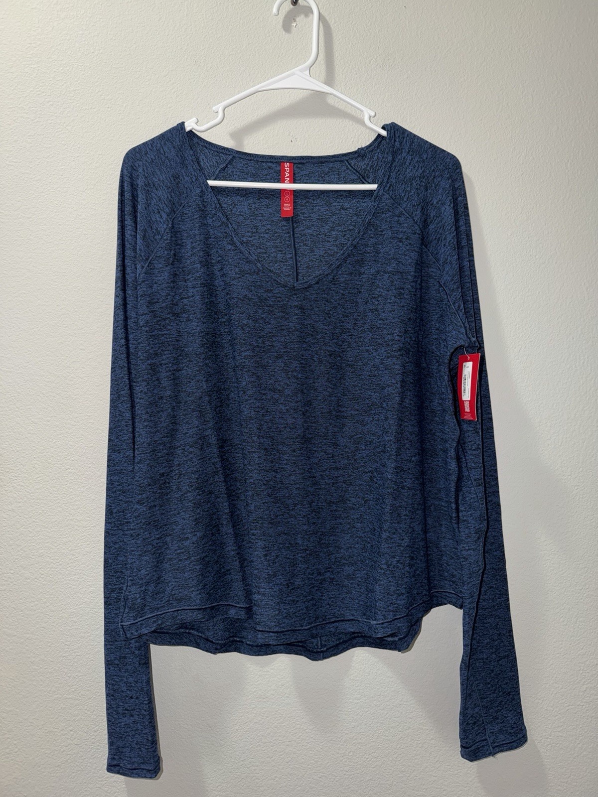 Spanx Womens V-Neck Long Sleeve Soft Stretch Activewear Top Navy Blue Size Large