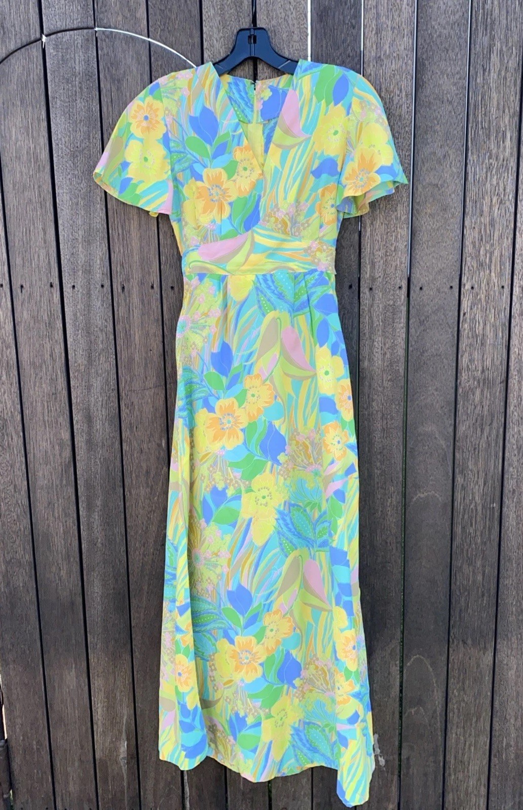 Vintage 1970’s Handmade Neon Floral A Line Maxi Dress With Flutter Sleeves Small