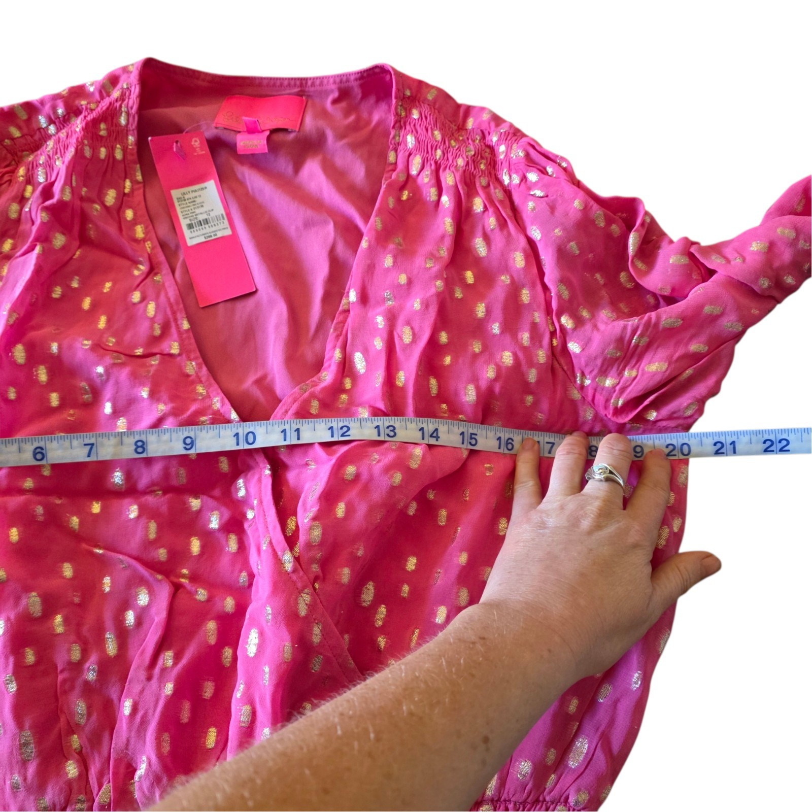 Lilly Pulitzer Cristiana Dress 12 Aura Pink Metallic Clip Dot Ruffle Smocked NWT