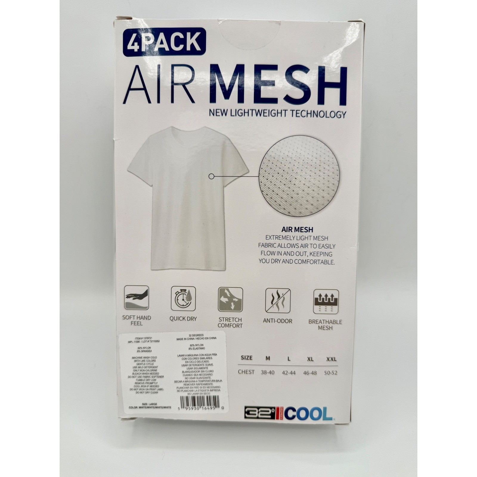 32 Degrees Cool Mens 4 Pack Air Mesh Undershirts White Crew Neck Tee Size Large