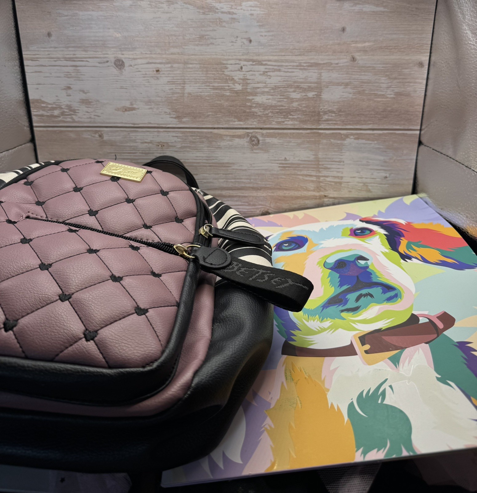 Betsey Johnson Luv Betsey Pink Quilted Heart Mini Backpack Black Striped EUC