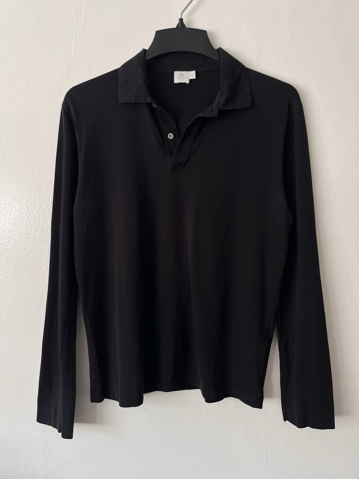 Sunspel Long Sleeve Polo Shirt Size M Black Lightweight Cotton
