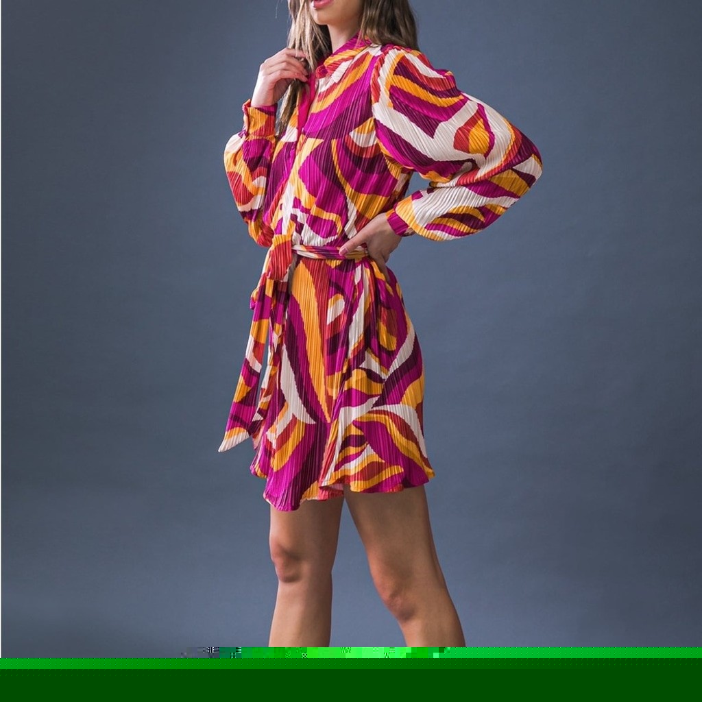 Flying Tomato Pleated Printed Mini Dress Orange Pink Sz Medium $76 NWT