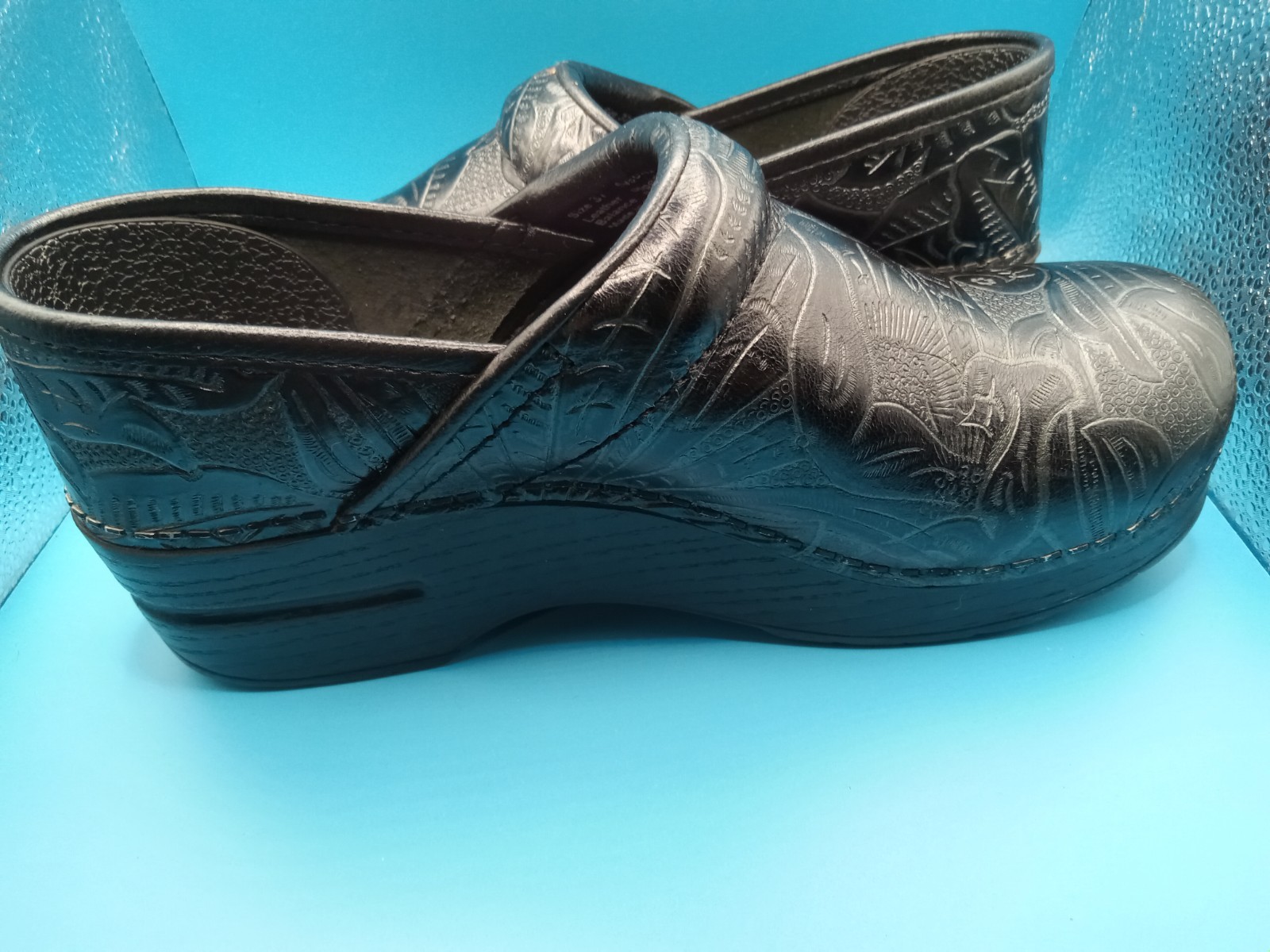 Dansko Clogs Womens 37 EU 6.5 US Antique Tooled Leather Black Paisley Shoes