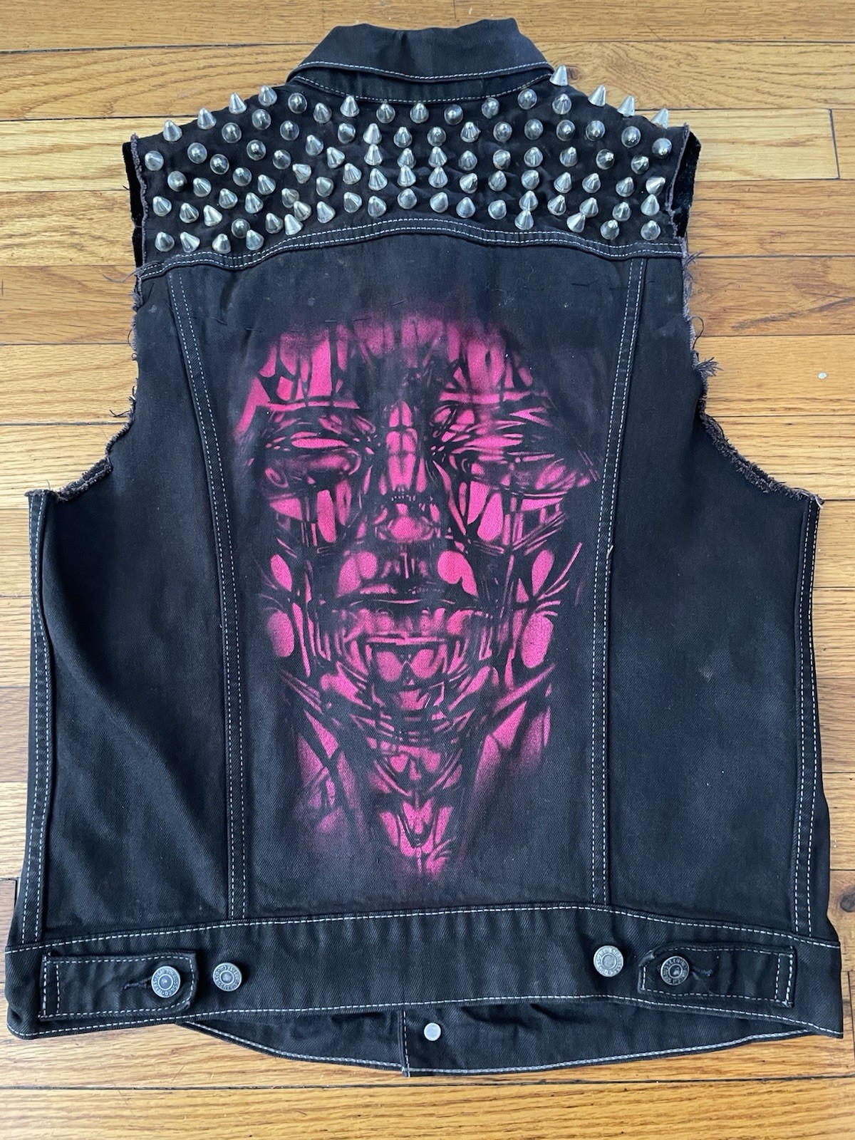 PUNK STUDDED LEVI’S BLACK JEAN VEST CUSTOM ARTWORK BUFFALO LEATHER LINED