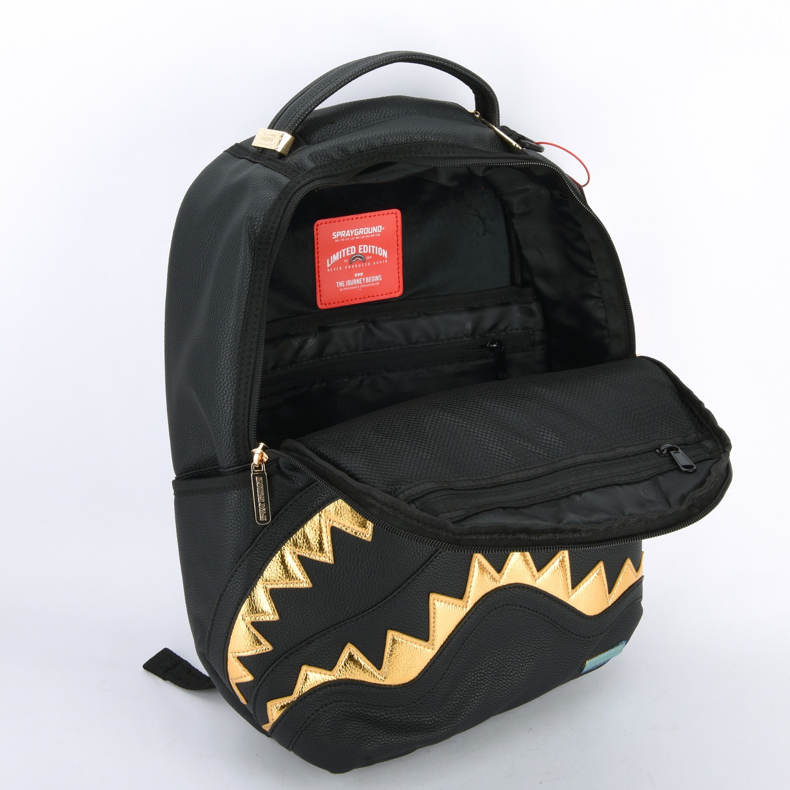 Sprayground Shark Central Gold DLXSV Leather Bag zipper Backpack Unisex Black