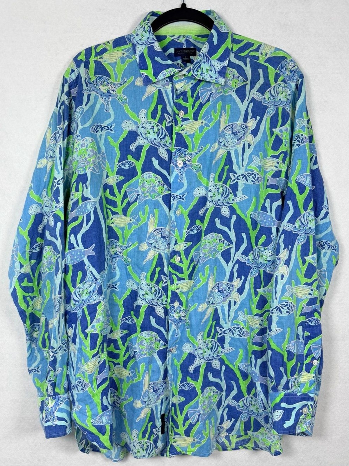 Lilly Pulitzer Men’s Stuff Wyeth 100% Linen Shirt L Sea Turtle Coral Blue Print