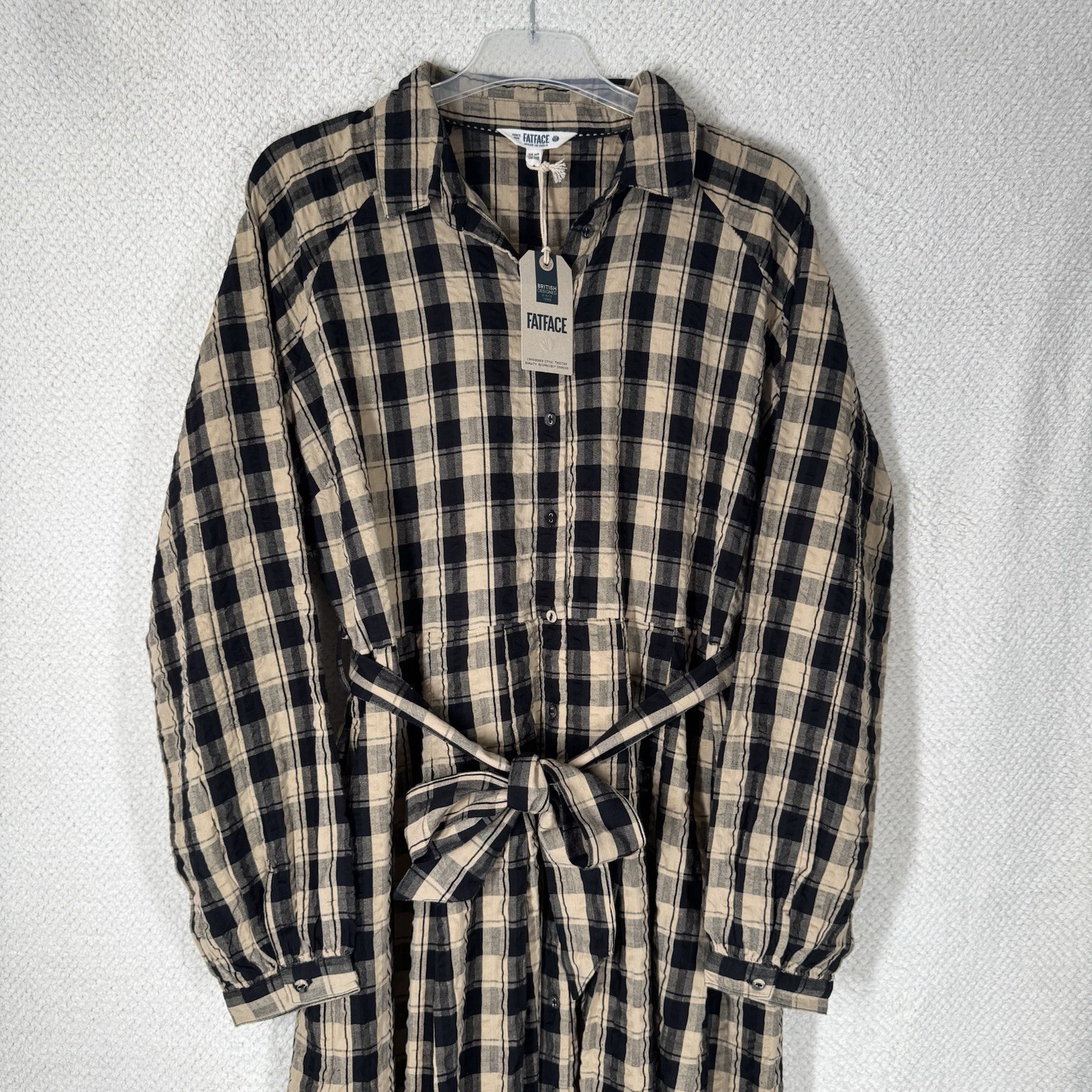 FatFace Midi Dress UK 14 Ally check shirt Beige Black collared boho RRP £69