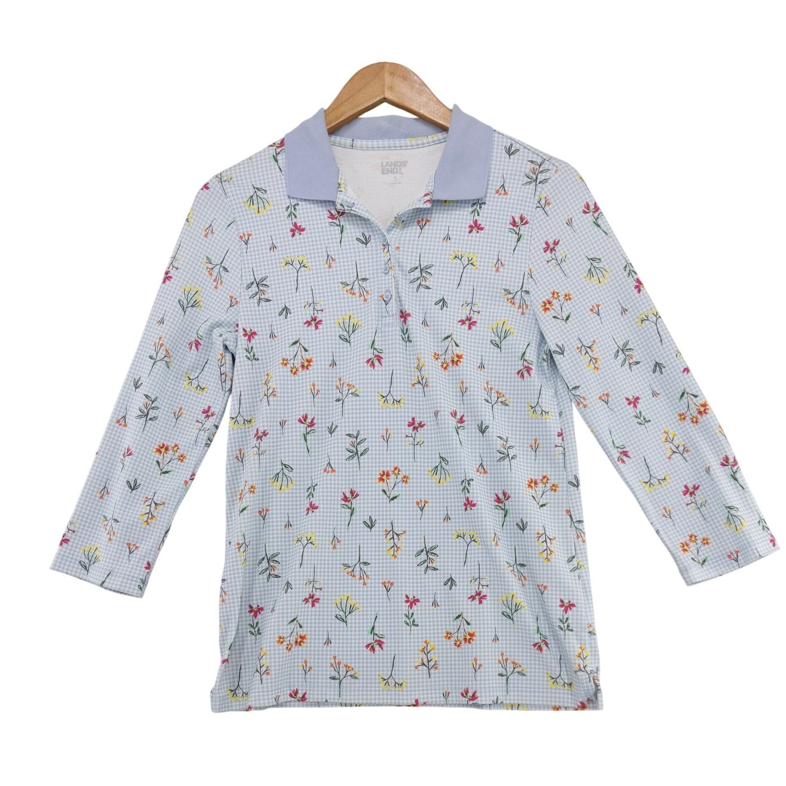 Lands’ End Polo Shirt Womens S Blue Floral Gingham 3/4 Sleeve Cotton Blend