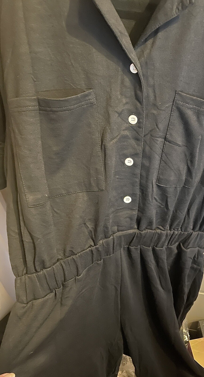XL BLACK Jumpsuits Turn-down Collar Button Up Short Sleeve Elastic Waist