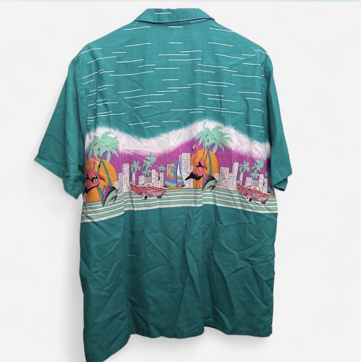 Men’s Vintage Short Sleeve Button Down Camp Shirt Fish Flamingos Cars XL