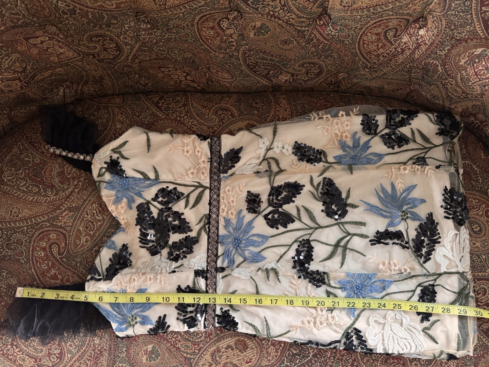 Lulus Beige/Black Floral Embroidered Sequin Mesh Sweetheart A-Line Dress XS