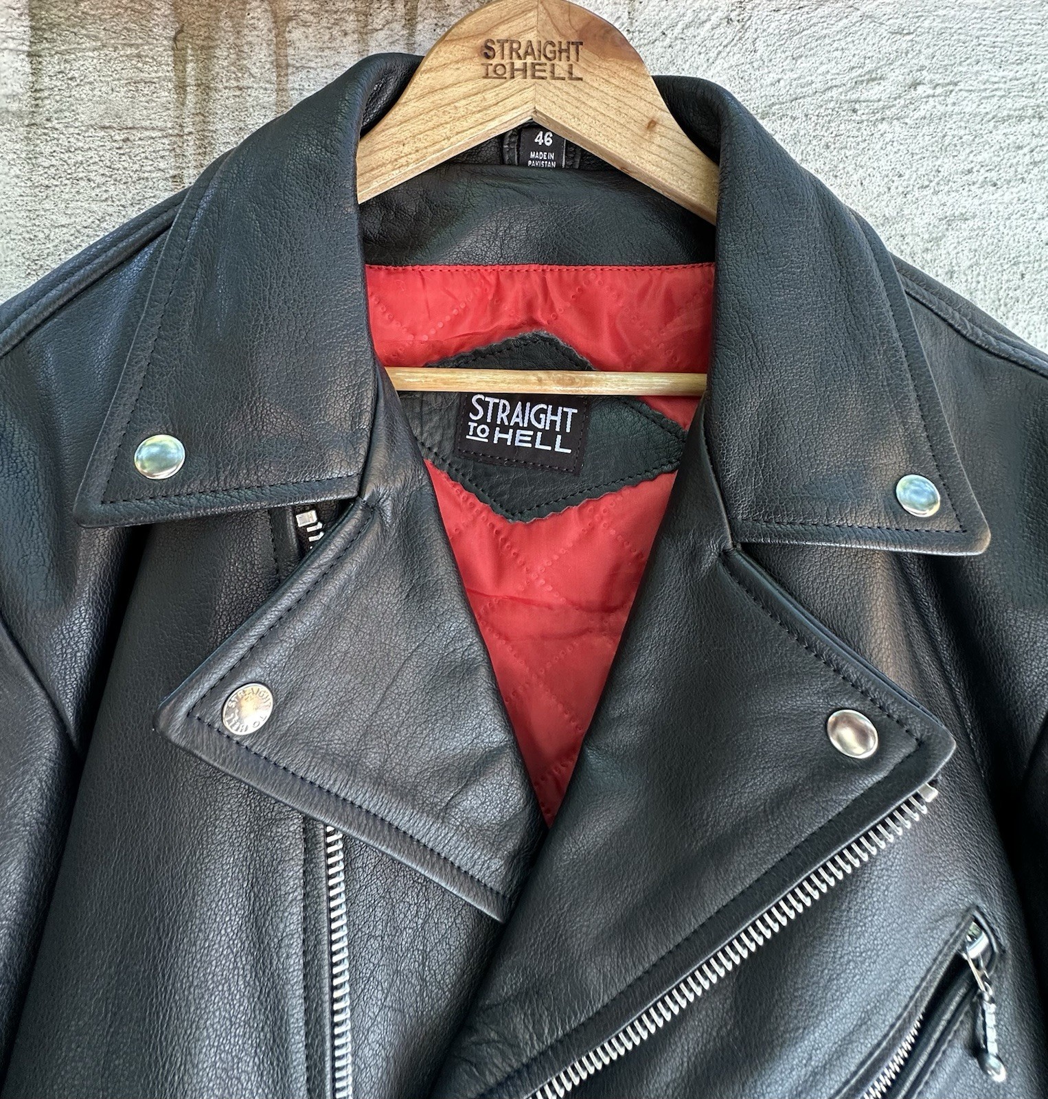 Straight To Hell (Baron) black and red Leather Jacket Red Lined Zip/Snap Size 46