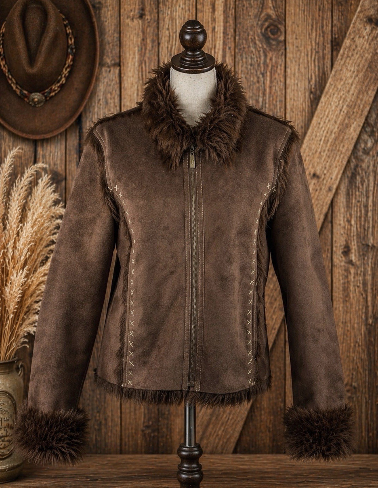 Montanaco Suede Jacket Women Jacket Faux Fur Trim Western Boho Cross Stitch Med