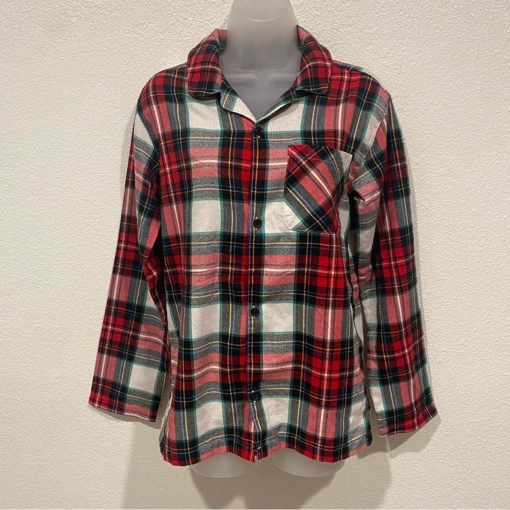 old navy red white plaid button down flannel long sleeve blouse shirt top