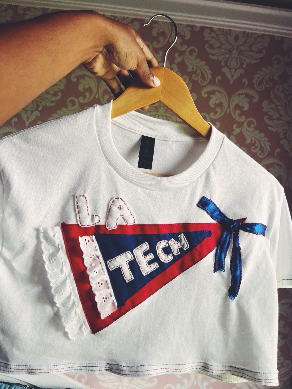 Custom Gildan Women’s S White LA Tech Applique Bow Lace Crew Neck Cotton Tee
