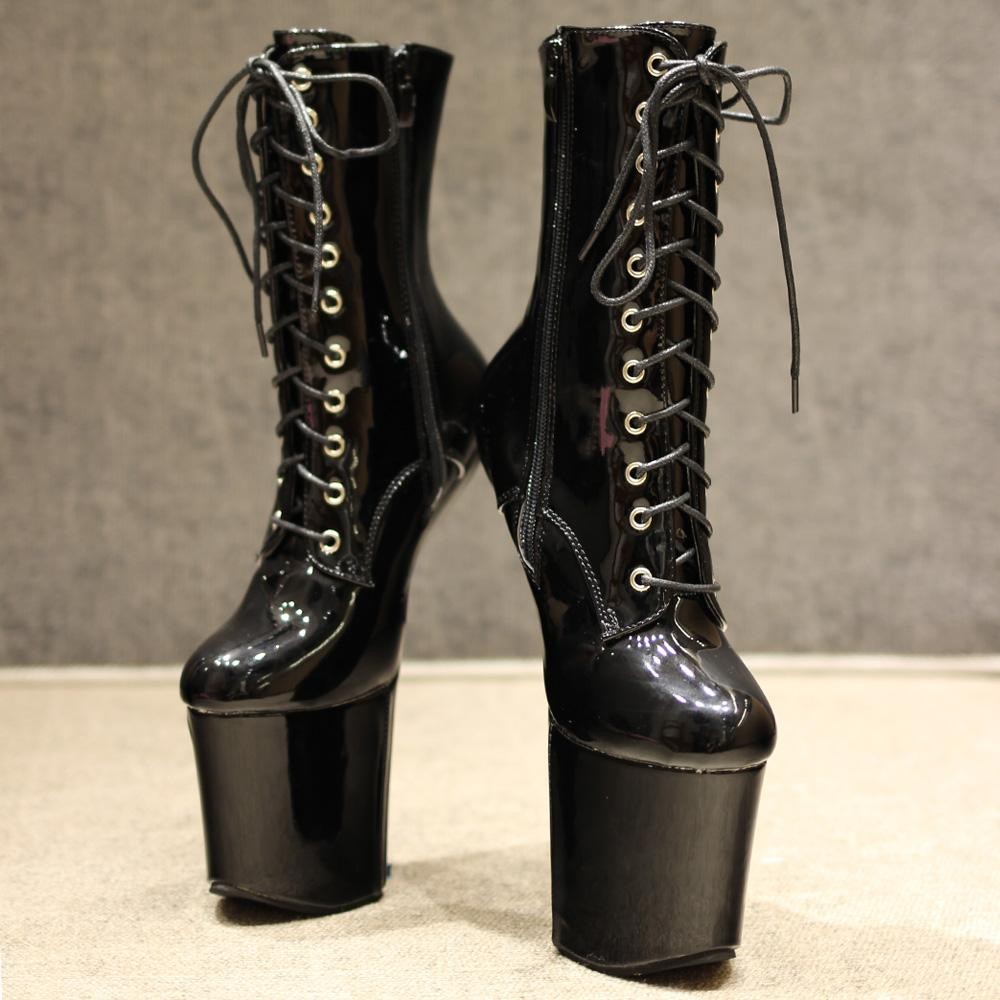 Women’s High Platform Heelless Ankle Boots Glossy Shiny Leather Dance Shoes 20CM