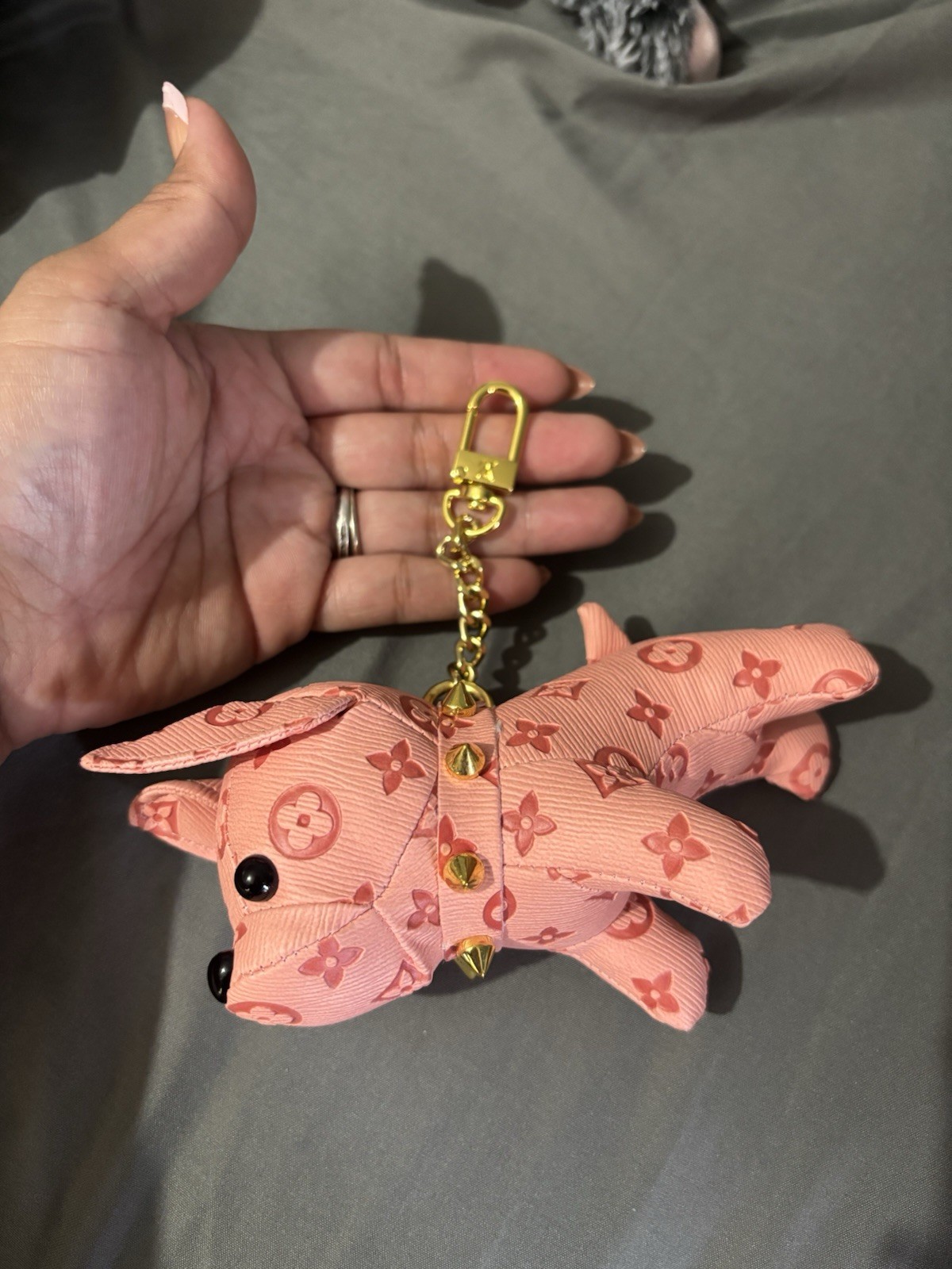 Pink Monogram Plush Dog Bag Charm Key Chain Gold Tone Chain Lobster Clasp
