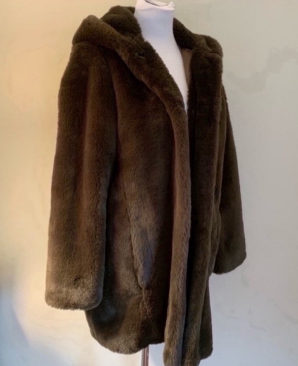 DKNY Olive Green Faux Fur Hooded Shawl Collar Coat