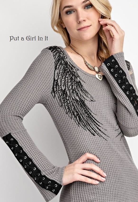 USA New VOCAL Womens CRYSTAL GRAY BLACK ANGEL WINGS LACE UP SHIRT S M L XL Y2K
