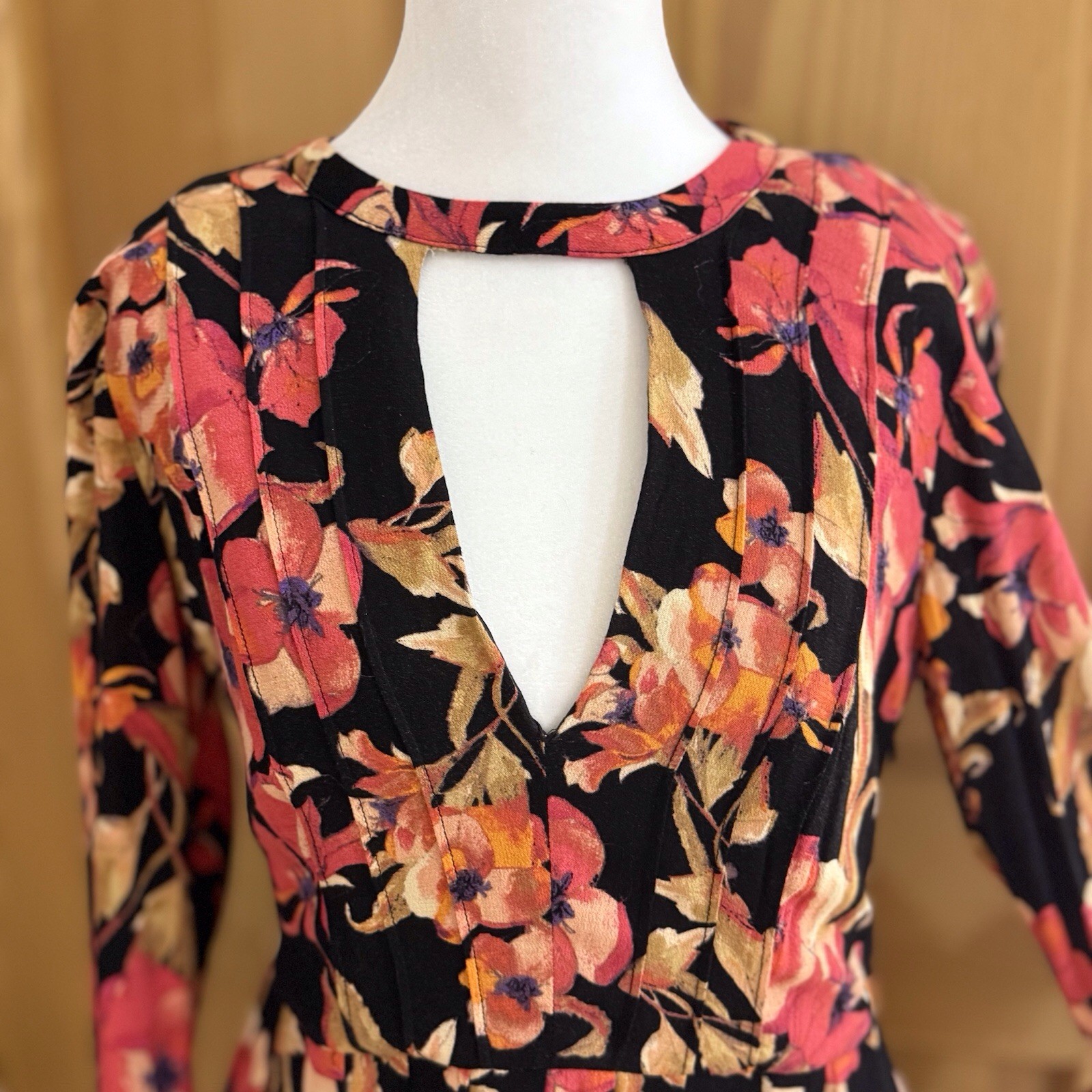 Free People Tegan Mini Dress 4 Floral Print Long Bell Sleeve Keyhole Black Coral