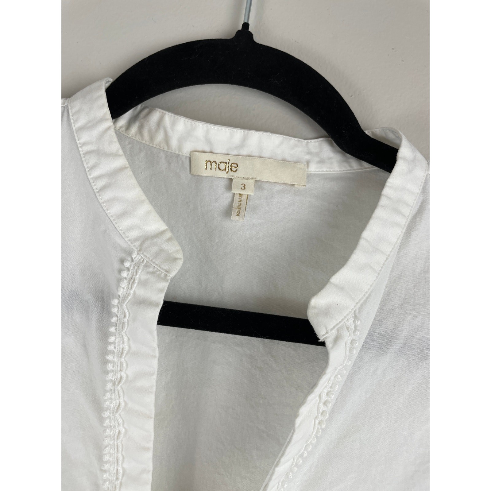 Maje Paris White Cotton Poplin Litige Puff Sleeve Eyelet Boho Blouse Size 3 L