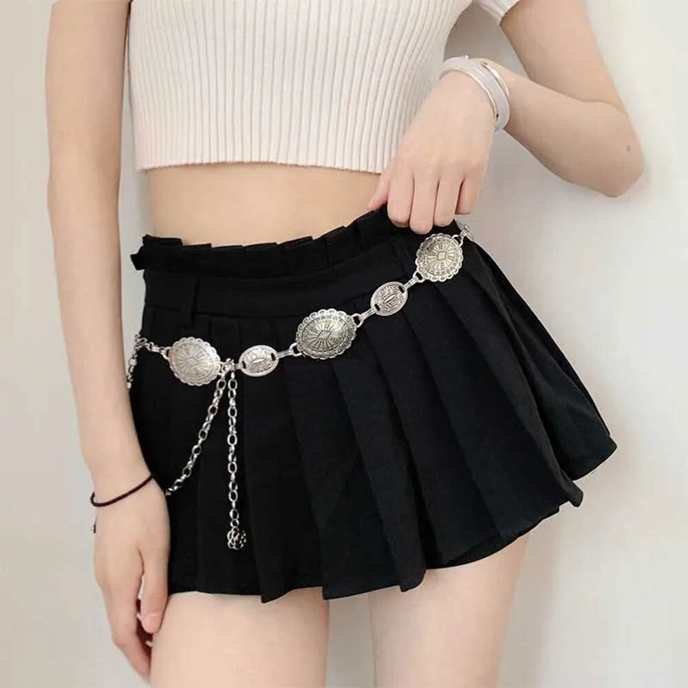 Boho Western Concho Chain Belt – Vintage Silver Adjustable Waist Jewelry