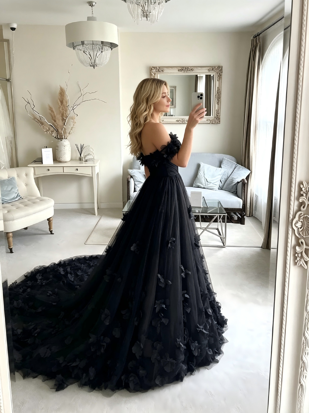 Black Off Shoulder 3D Flower Tulle Evening Gown Deep V Long Train Prom Dresses