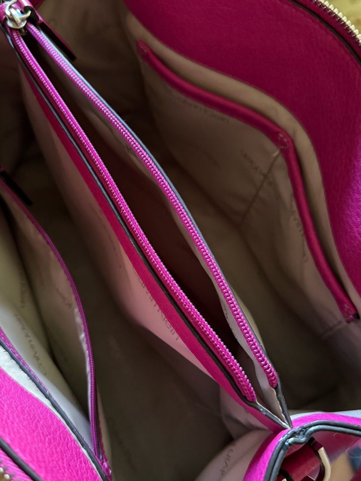 Calvin Klein Bright Fuchsia Pebbled Leather Satchel Tote with Silver Hardware
