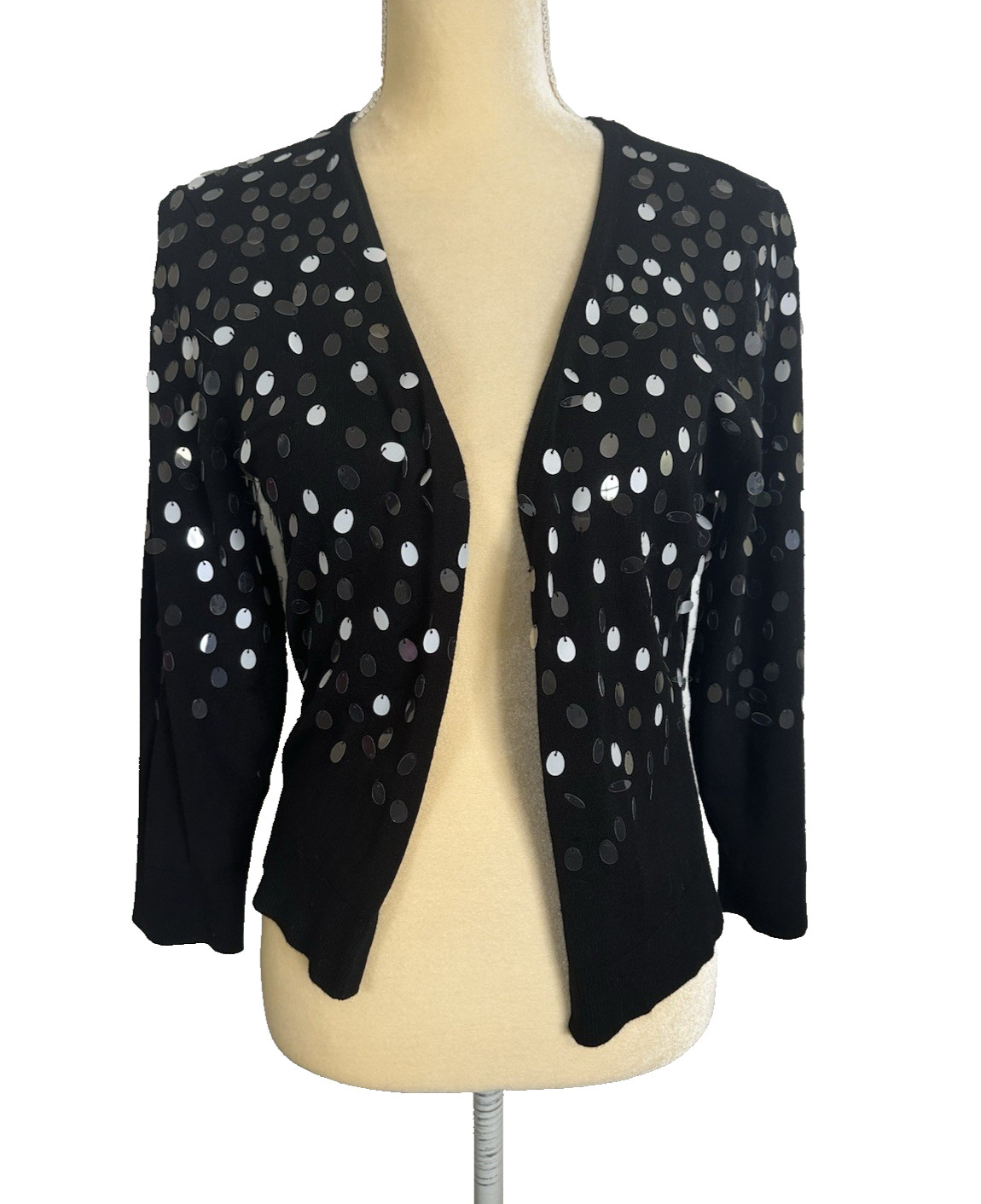 CARMEN MARC VALVO Black Sequin Cardigan Sweater NWT Paillettes Open Front