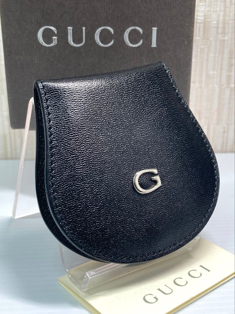 Beautiful Item GUCCI G Logo Leather Coin Case Small Item Holder with Box Black