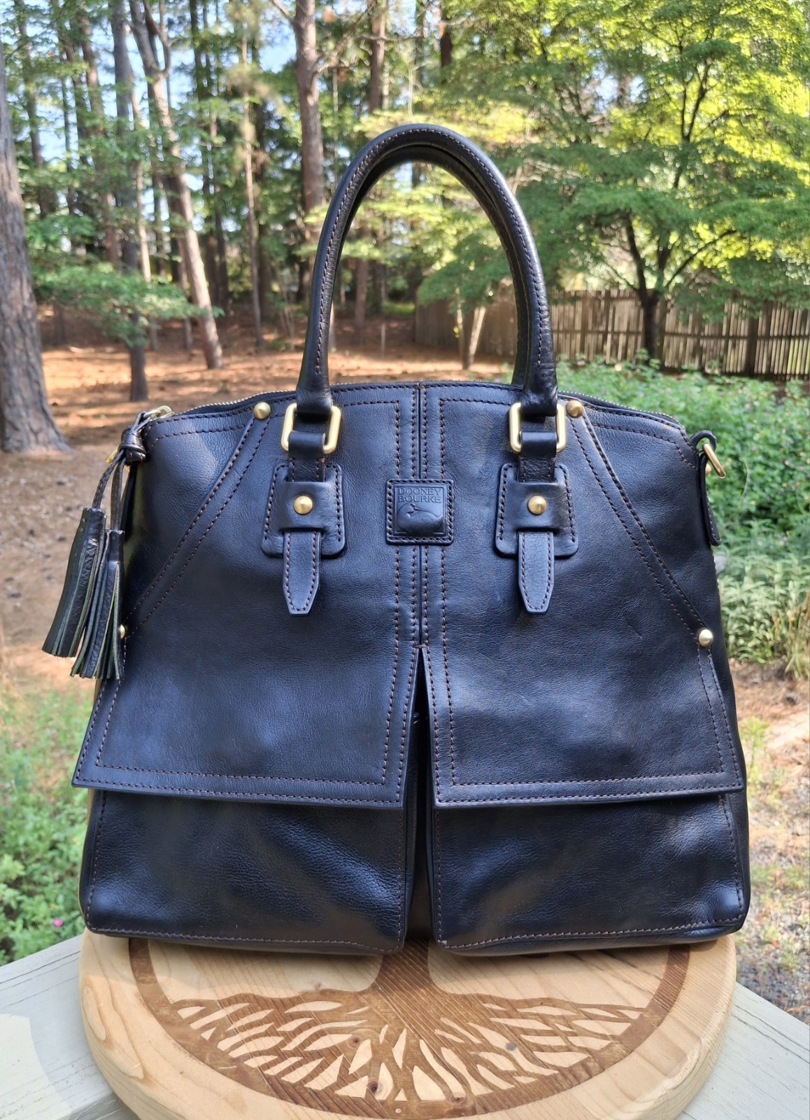 Dooney & Bourke Black Florentine Vacchetta Leather Clayton Satchel
