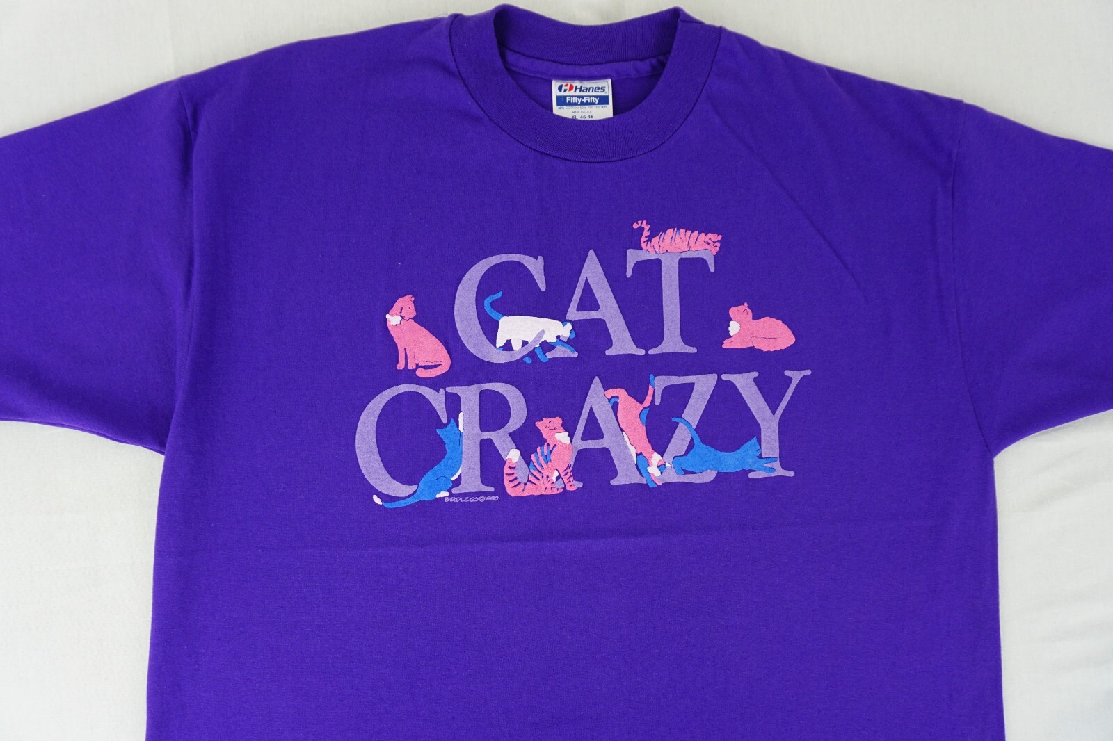 Vintage 1990 Hanes Cat Crazy short sleeve shirt tagged XL puff print animals