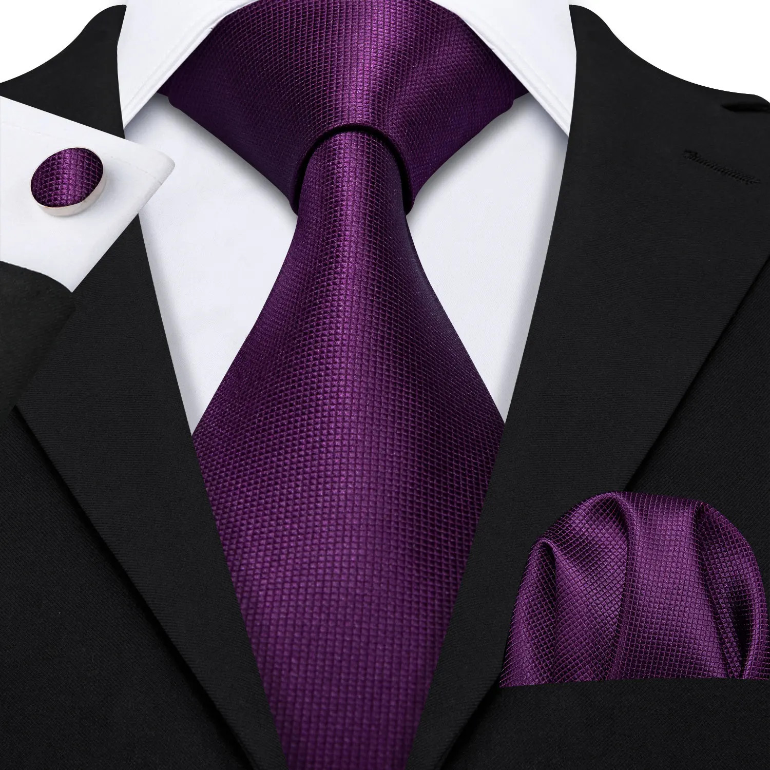 Silk Jacquard Tie Set Floral Violet Necktie Hanky Cufflinks Wedding Men’s Ties