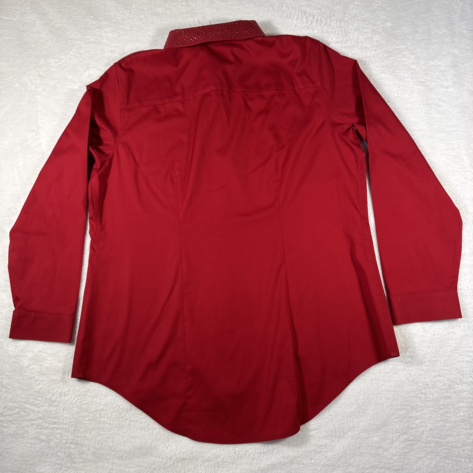 Chico’s Size 2/Large Solid Red Rhinestone Collar No-Iron Long Sleeve Button Down