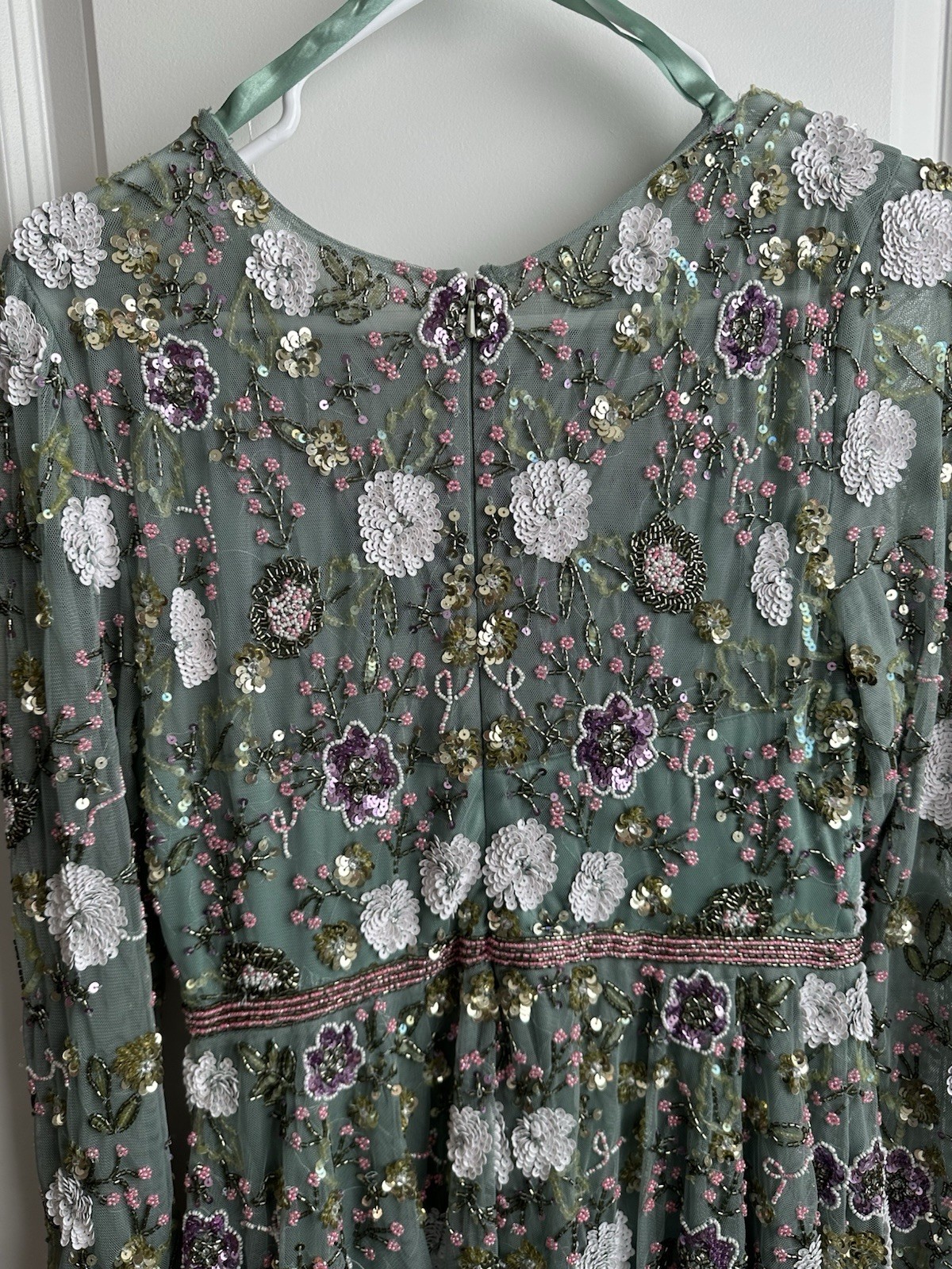 Mac Duggal 5716 Green Floral Sequin Midi Dress Long Sleeve, Size 8