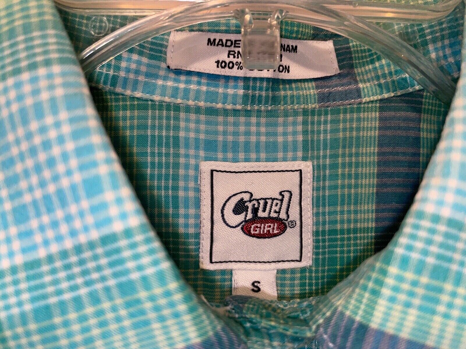 Cruel Girl Woman’s Blue Green White Plaid Long Sleeve Blouse Size S Lk Nw