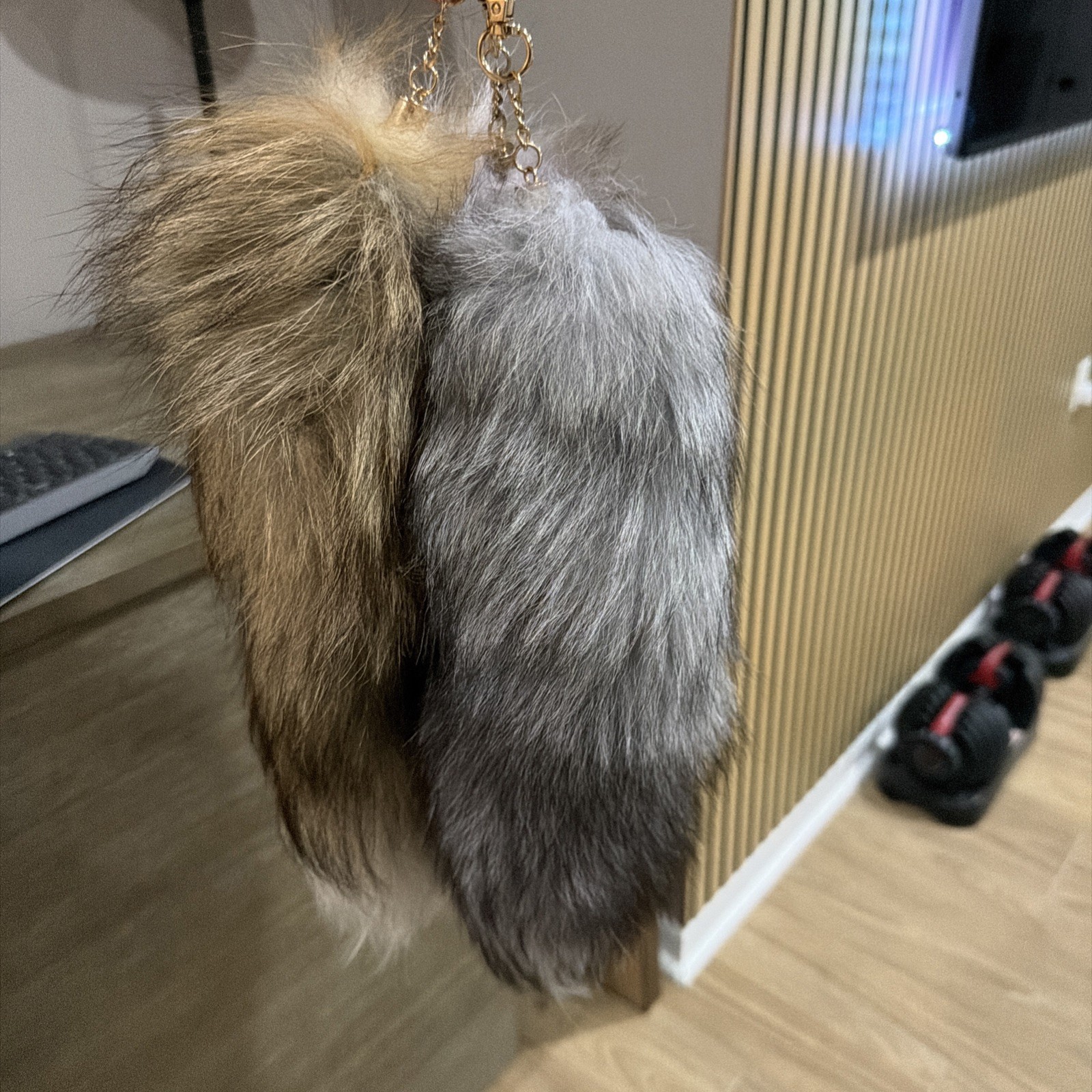 3 Faux Fur tails Bag Charm Accessory with carabiner clip. All The Rage!