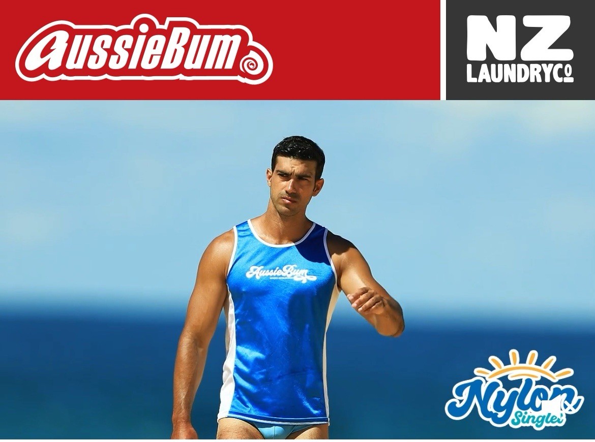 🔥 NEW AussieBum SILKY Nylon Tank Top Surfing Men Lg BLUE WHITE Aussie Bum Glanz