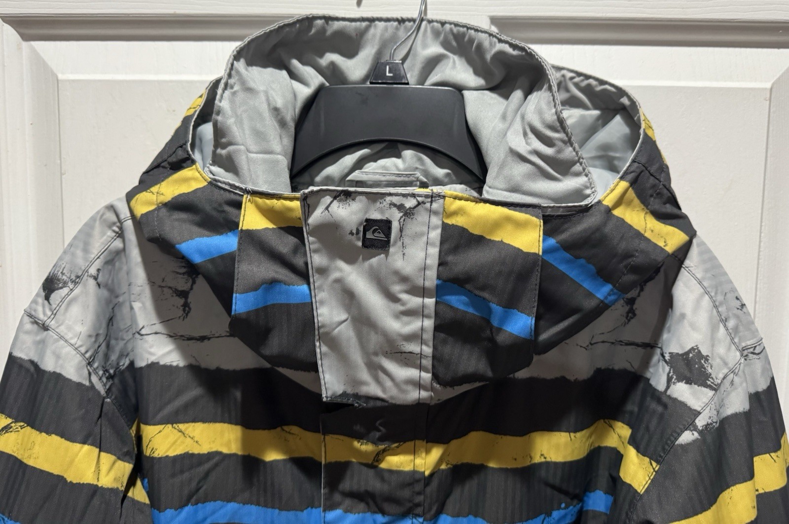 Quiksilver Jacket Mens Large Gray Striped Tech 10.000MM Hooded Snowboard Ski Y2K