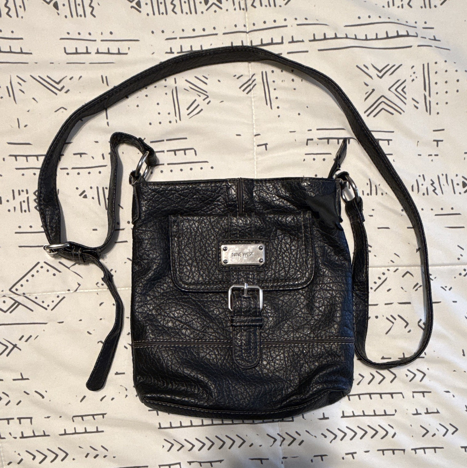 Nine West Black Pebbled Crossbody Bag Zip Closure Buckle Accent Silver Hardware