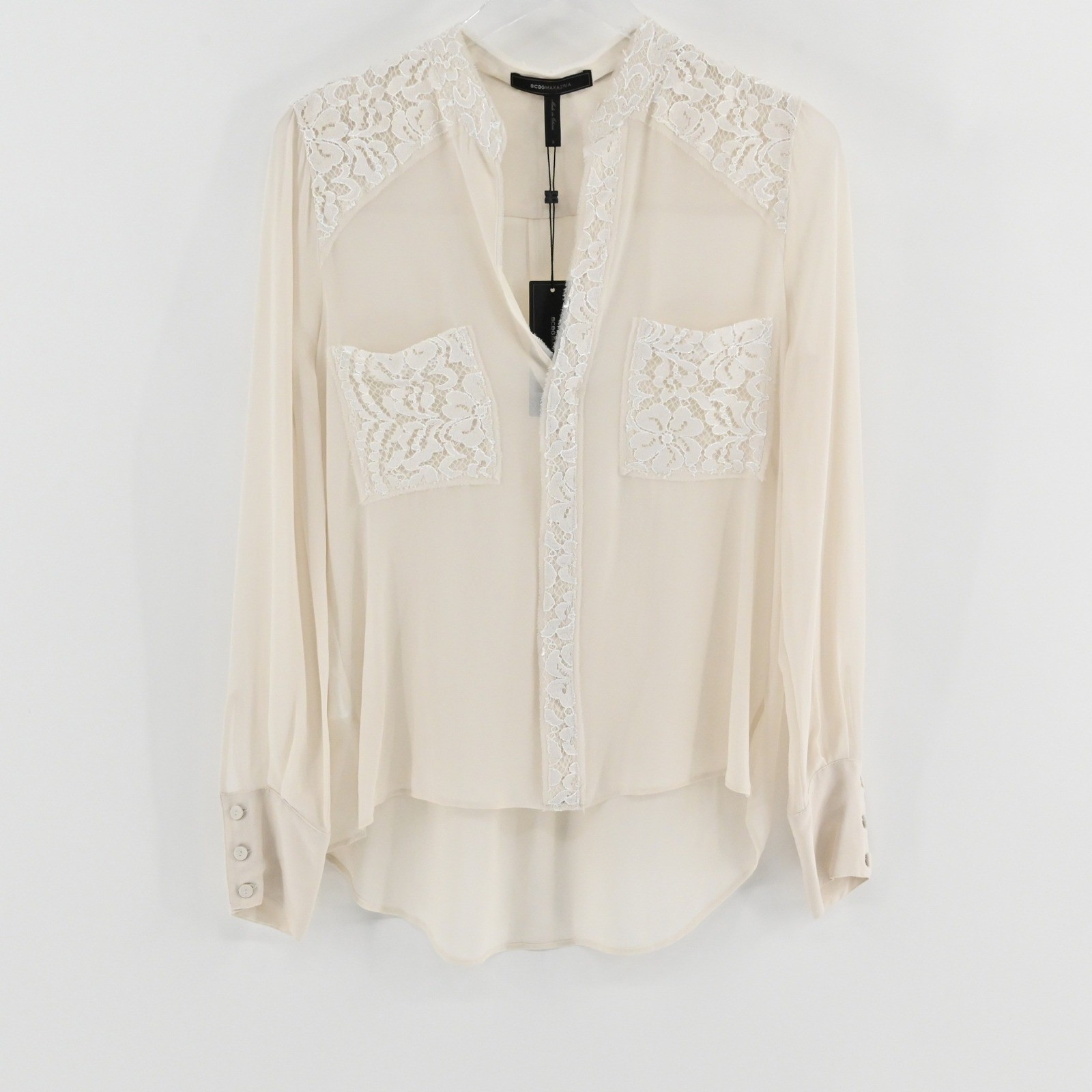 BCBGMAXAZRIA Erica Lace Silk Blouse Womens Size S Cream Sheer Chiffon Romantic